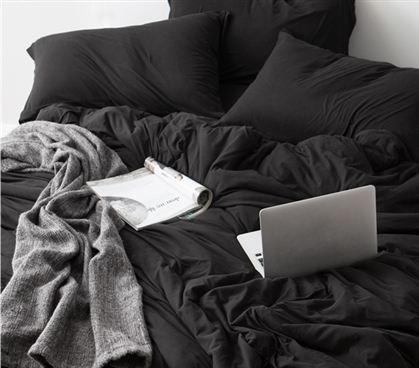 Neutral Dark Black College Bedding Essentials Machine Washable Dorm Sheets Full Size Mattress
