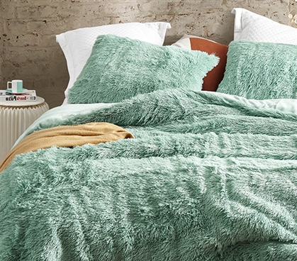 Glam Dorm Decor Ideas Furry Mint College Bedding for Girls Oversized Dorm Duvet Cover