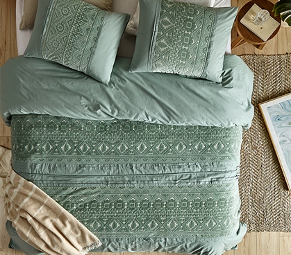 Jade Green Embossed Duvet Cover Twin Extra Long Bedding Essentials for College Freshman Dorm Shopping List