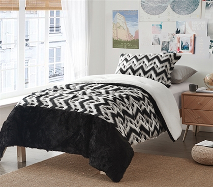 Black and White Dorm Comforter Set with Matching Pillow Shams Chevron Faux Fur College Bedding Essentials