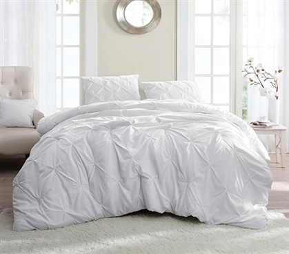 White XL Full Bedding Set with Matching Pintuck Pillow Shams Neutral Dorm Decor Ideas for Girls