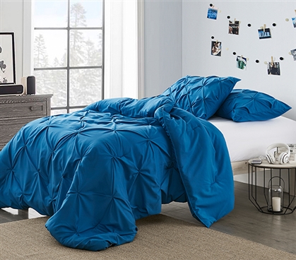 Stylish Extra Long Twin Comforter Unique Pacific Blue Pin Tuck Comfortable Dorm Room Twin XL College Bedding