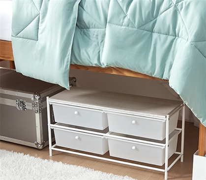 Neutral White Dorm Room Decor Ideas Underbed Drawers Space Saving Storage Solutions