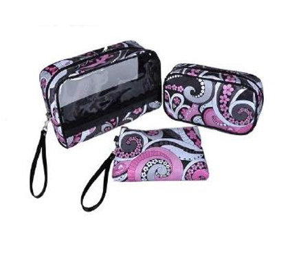 3 Piece Cosmetic Bag Set - Pink/Black Swirls