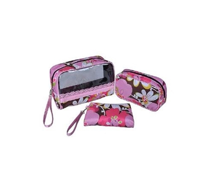 3 Piece Cosmetic Bag Set - Pink/Chocolate Floral