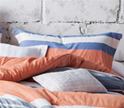 Cozy Stripes Orange Blue and White College Pillow Sham for Stylish Dorm Decoration