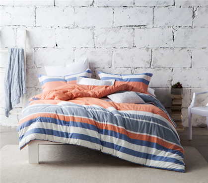 Striped dorm room comforter - Blue, orange, and white - Twin XL