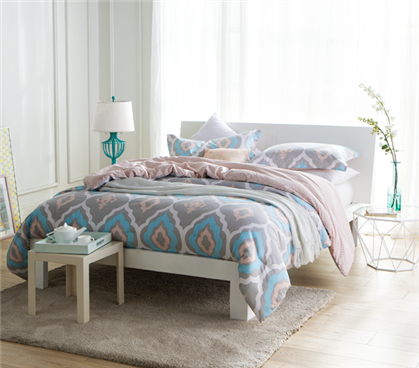Gray, blue, pink diamond patterned extra long twin college comforter
