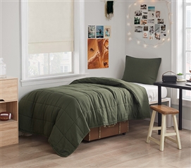 Extra Long Twin Bedding Dark Green College Comforter Bamboo Linen Bedspread Luxury Dorm Essentials