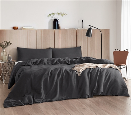 Extra Long Twin Duvet Cover Black Dorm Decor High Quality Linen Bedspread Neutral College Bedding