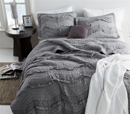 Medium Gray Dorm Bedding Extra Large Full Quilt with Pretty Ruffled Chevron Design