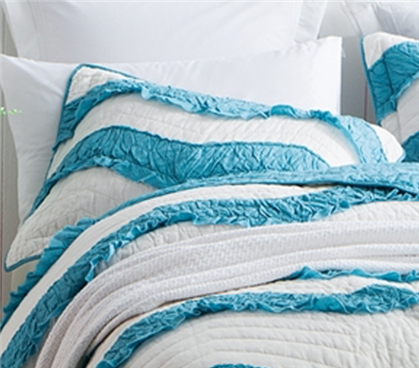 Relaxin' Chevron Ruffles Unique Textured Dorm Sized Pillow Sham Peacock Blue and Jet Stream Off White Color