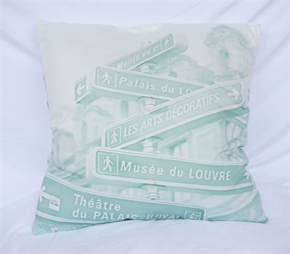 Green and White Streets of Paris Cotton Throw Pillow
