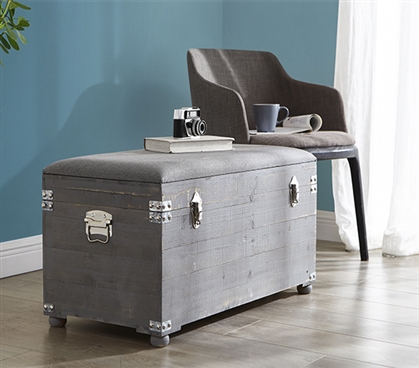 Rustic Chic Dark Gray Dorm Trunk with Neutral Gray Cushion Essential College Footlocker