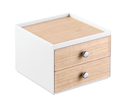 2 Drawer Light Wood and White Cosmetic Organizer