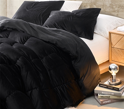Cool College Bedding Essential  Twin XL Black Velvet Comforter Neutral Dorm Room Decor