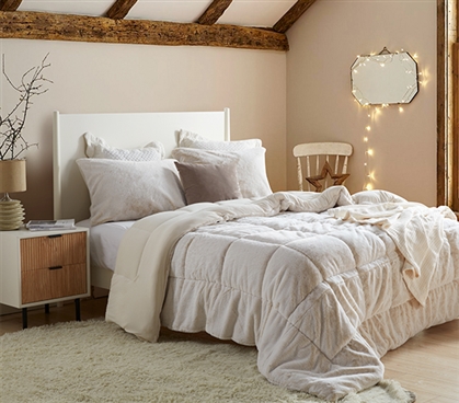 Light Gray Twin XL Bedding Set with Pillow Sham Neutral Faux Fur Dorm Decor College Comforter