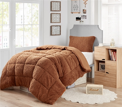 Cozy College Bedspread Brown Dorm Bedding Sherpa Blanket Neutral Twin Extra Long Comforter