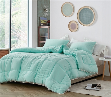 Cute Blue Dorm Comforter with Pom Pom Trim Aqua College Bedding Essential Boho Dorm Decor Ideas