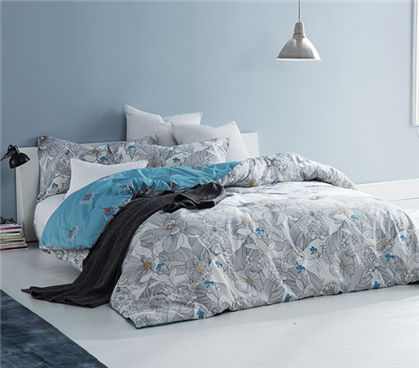 Extra Long Twin Comforter Gray and Aqua Flowers College Bedding