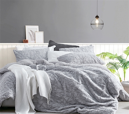 Fleece Lined Bedding Set Light Gray Twin XL Faux Fur Comforter Neutral Dorm Room Decor