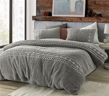 Embroidered Dorm Duvet Cover Set Gray College Bedding Essentials for College Freshmen Supply List