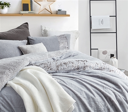 Neutral Gray Dorm Comforter Set for College Glam Dorm Decor Oversized Twin XL Bedspreads
