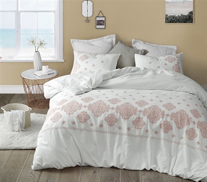 Textured Twin Extra Long Comforter White College Bedding with Pretty Coral Embroidery