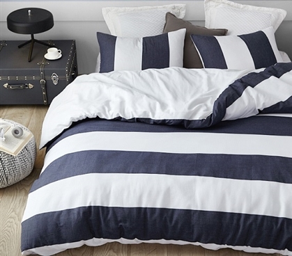 Dark Blue Dorm Bedding Striped Extra Long Twin Comforter Set With Matching Pillow Cotton Dorm Comforter