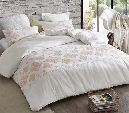 Stylish Twin Extra Long Duvet Cover Set with Matching Standard Size Coral Embroidered Dorm Pillow Sham