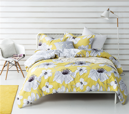 College Comforter Set Yellow Gray Flowers Dorm Extra Long Twin Comforter