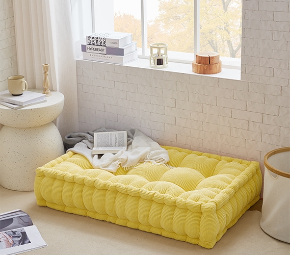 College Student Must Haves - Rainha - Ultra Thick Tufted Floor Pillow -  Yellow - Boho Dorm Room Decor