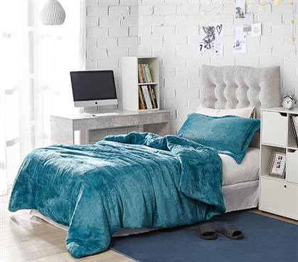 Teal Blue Twin XL Comforter Set with Fleece Pillow Case Extra Long Dorm Bedding Essential