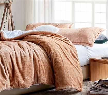 Faux Fur Twin XL Comforter Brown Dorm Bedding Set Fleece Lined Blanket College Supply List