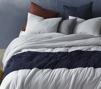 Tundra Gray Knit Handcrafted Twin XL Comforter with Navy Jacquard College Dorm Room Bedding