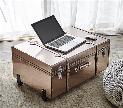 Metallic Coffee Table Trunk for College Bronze Trunk Glam Trunk Cute Dorm Room Storage Ideas