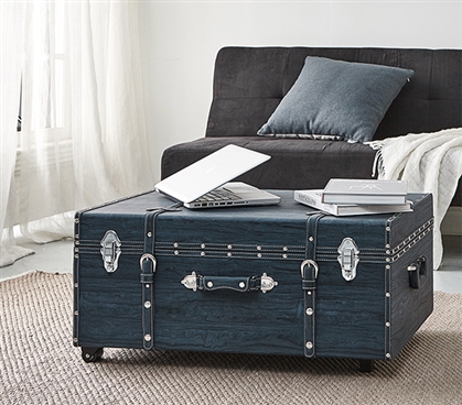 Blue Decorative Trunk Storage Coffee Table for Dorm Room Storage Trunk with Lock and Wheels