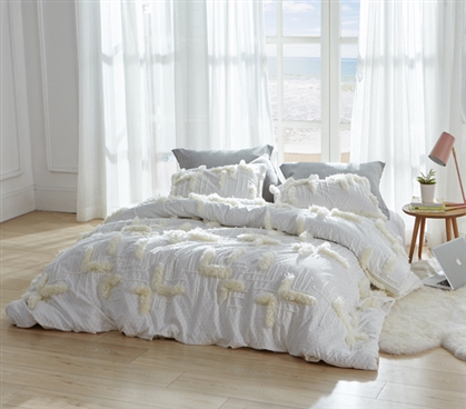 White Dorm Duvet Cover with Furry Textured Details Unique College Bedding Decor