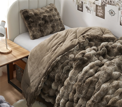 Extra Long Twin Comforter Set Brown Faux Fur Dorm Bedding Essentials Neutral College Essentials for Guys