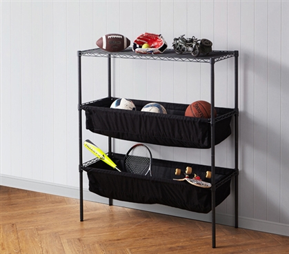 Gunmetal Gray Metal Frame Shelving with Black Fabric Bins for Ultimate College Storage SuprimaÂ® Shelf Supreme