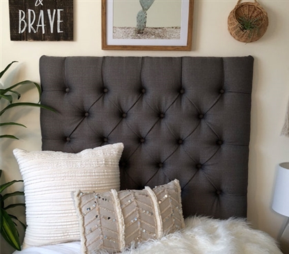 Unique Tufted Dorm Room Headboard Linen Graphite Dark Grey College Twin XL Bedding Decor