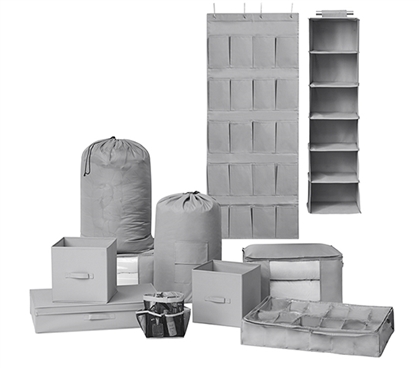 11PC Complete Dorm Organization Set - TUSKÂ® Storage - Gray Dorm Storage Solutions Dorm Organization