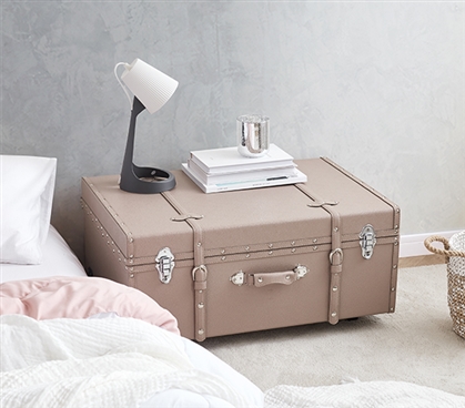 Neutral Dorm Decor Beige Storage Trunk with Wheels and Lock College Footlocker Chest