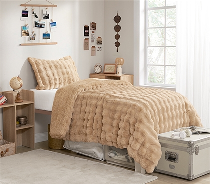 Luxury Bedding Neutral Dorm Decor Extra Long Twin College Comforter Set Cozy Fluffy Faux Fur