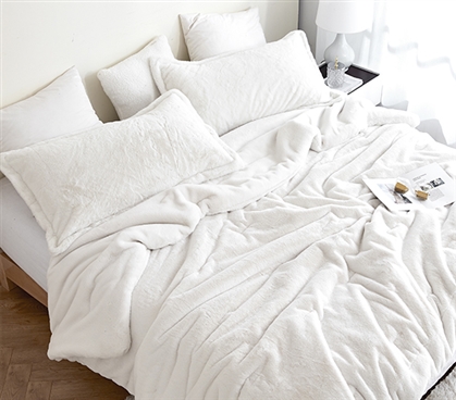 Extra Long Twin Comforter Set Cozy College Blanket Neutral White Faux Fur Dorm Bedding