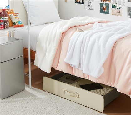 Beige Dorm Room Decor Ideas Organizer Box Space Saving Underbed Storage Trunk on Wheels