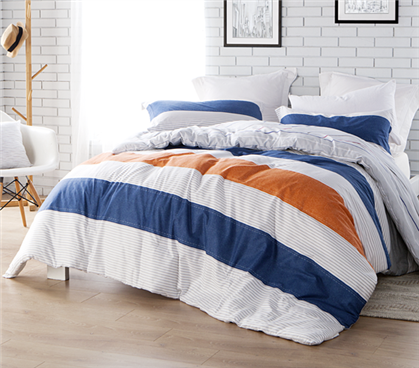 College Comforter Set - Orange and Blue Striped Dorm Bedding Extra Long Twin