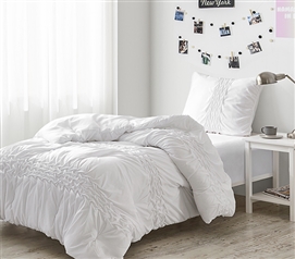 White Dorm Bedding Essential Set Textured College Comforter Set with Pleated Pillow Shams
