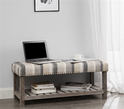 Central StyleÂ® Cushion Bench - Farmhouse Wood with Shabby Chic Multi Stripe Cushion - Extended