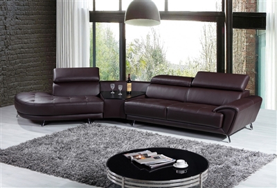 Divani Casa Raizel Modern Brown Leather Sectional Sofa w/ Left Facing Chaise